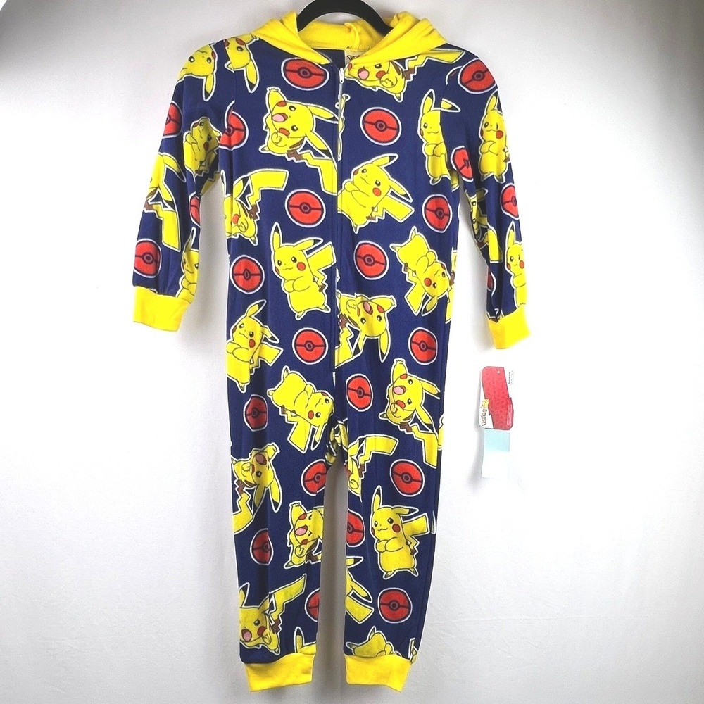 Pokemon Pikachu One Piece Hooded Pajamas Boys XS 4/5 Blue Yellow NWT